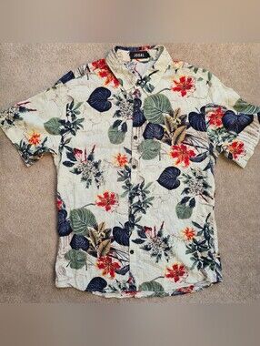 Jogal Hawaiian Shirt Mens Aloha Medium Monstera Floral Button Up Short Sleeve